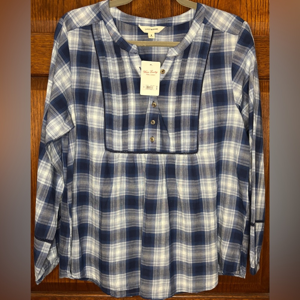 NWT Lucky Brand Blue Plaid Peasant Shirt Women’s Size Medium